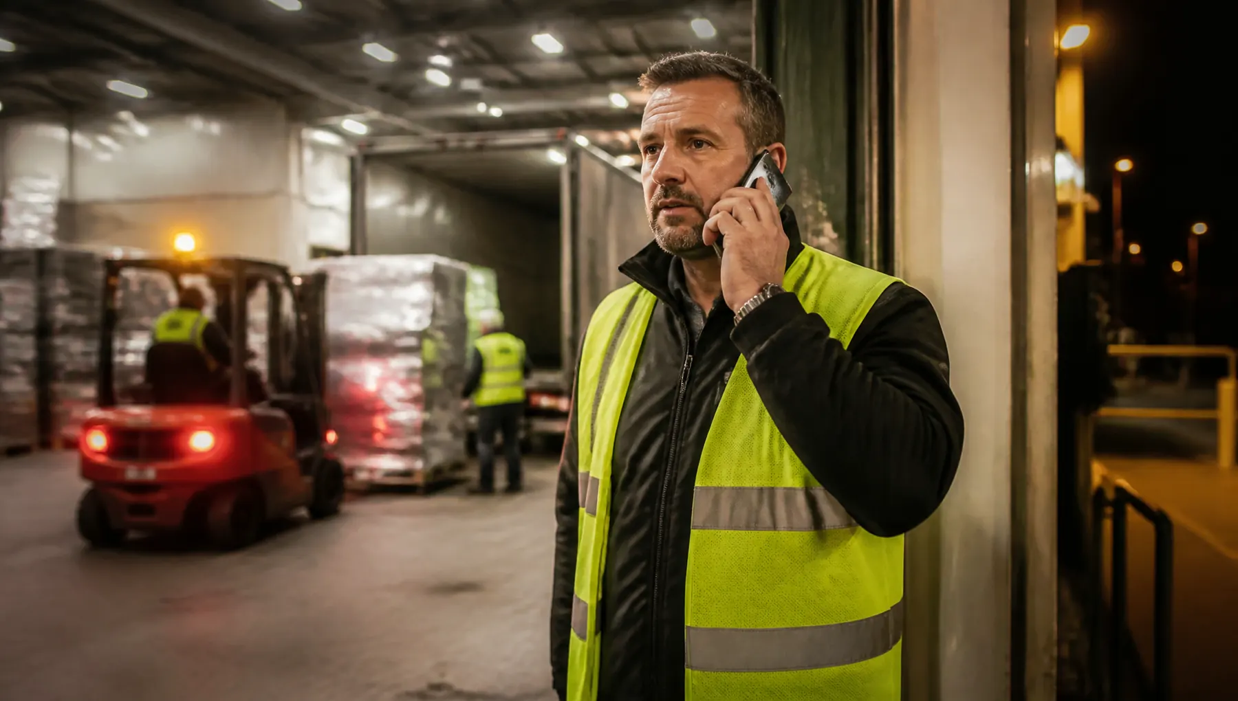 Warehouse team leader on the phone at a lit loading bay at night