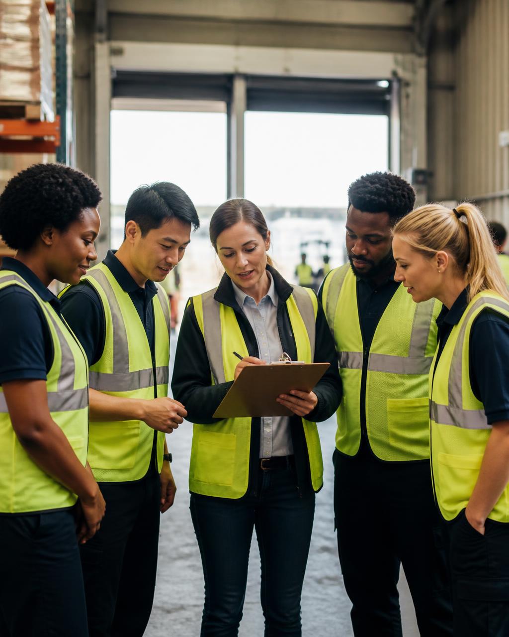 A multi-ethnic team of warehouse staff in hi-vis reviewing a clipboard together